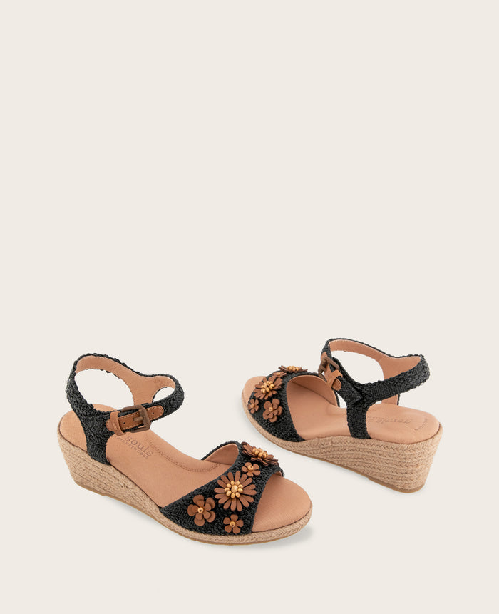 GENTLE SOULS - Gibson Raffia Floral Ankle Strap Wedge Sandal