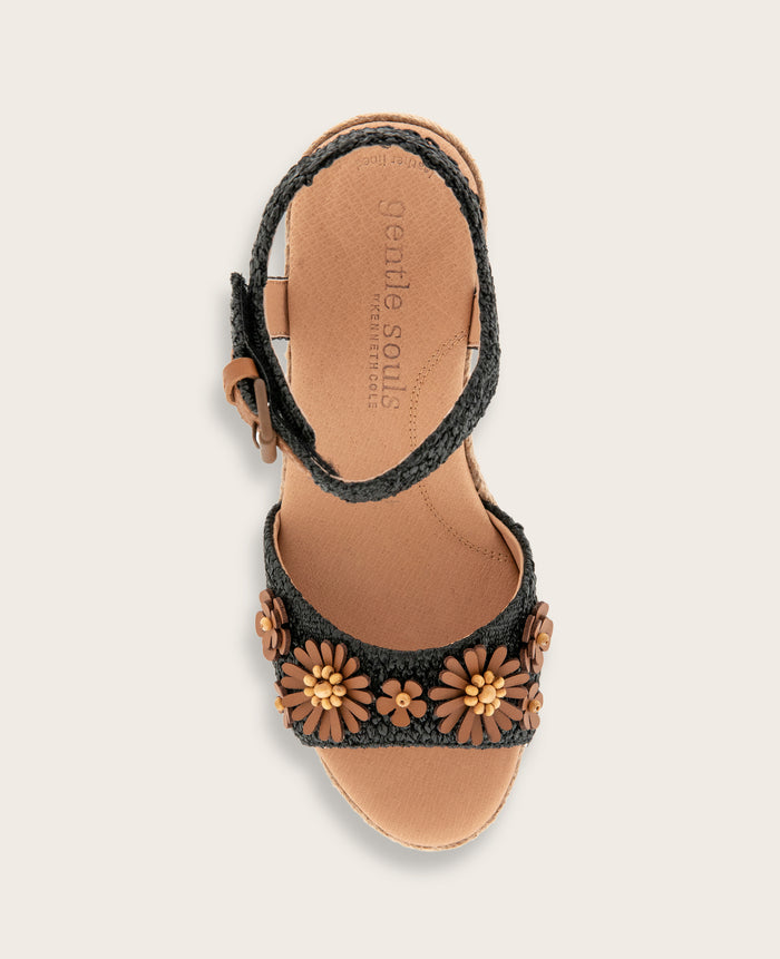 GENTLE SOULS - Gibson Raffia Floral Ankle Strap Wedge Sandal