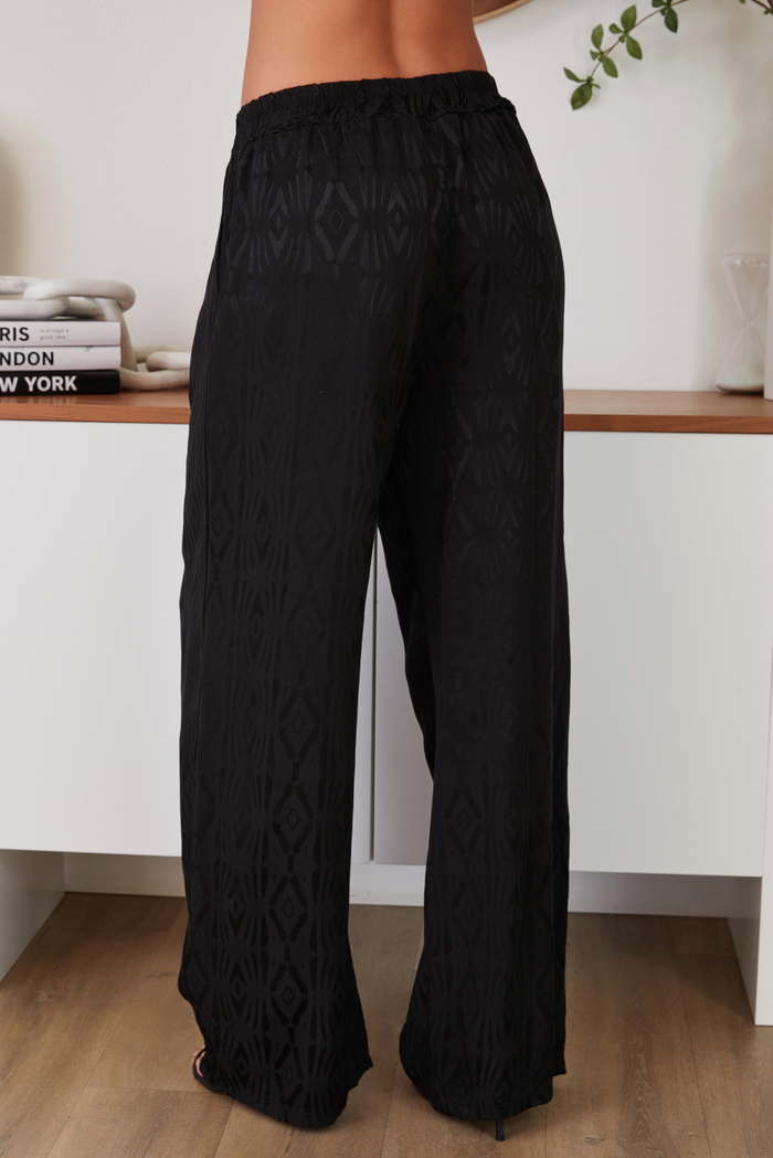 Geometric Print Silky Pants with Pocket - Black - Back View