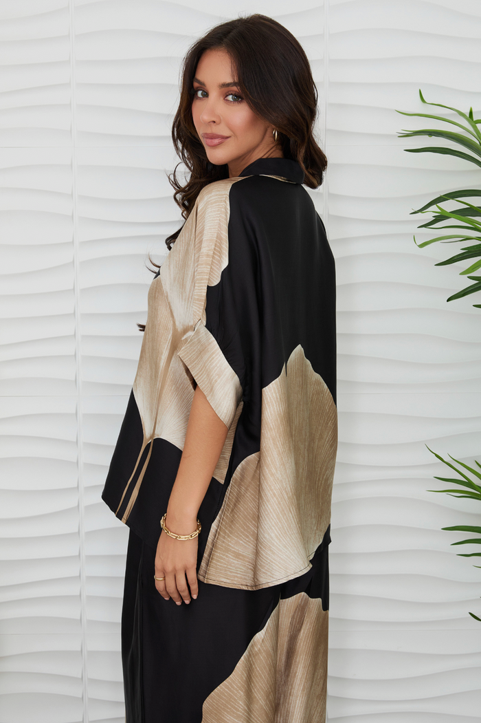 Gingko Print Top - Black - Top View 3