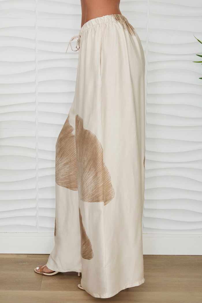 Gingko Print Wide Leg Pants - Beige