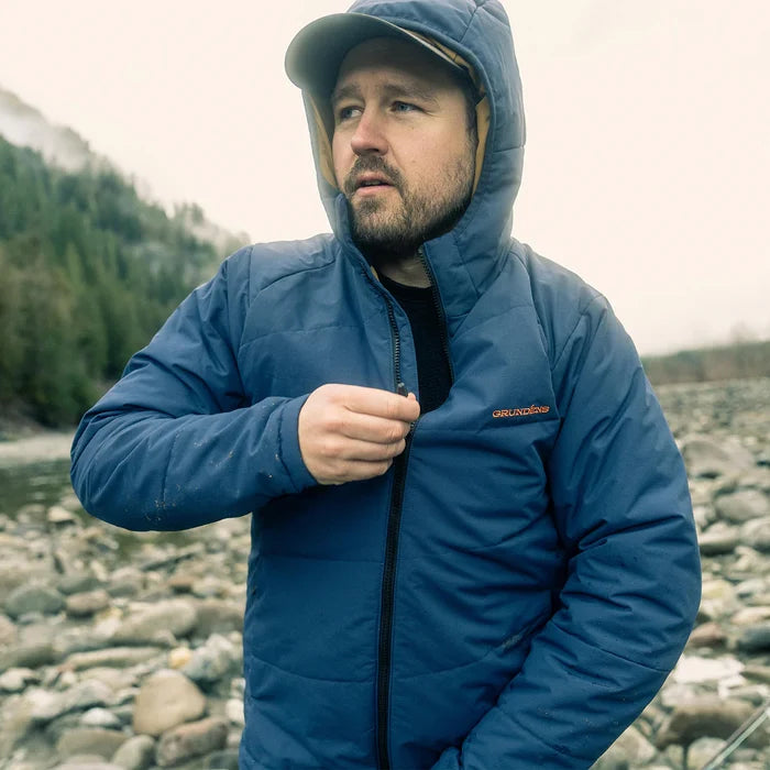 Grundens Turbulence Insulated Hoody Navy Zipping Up