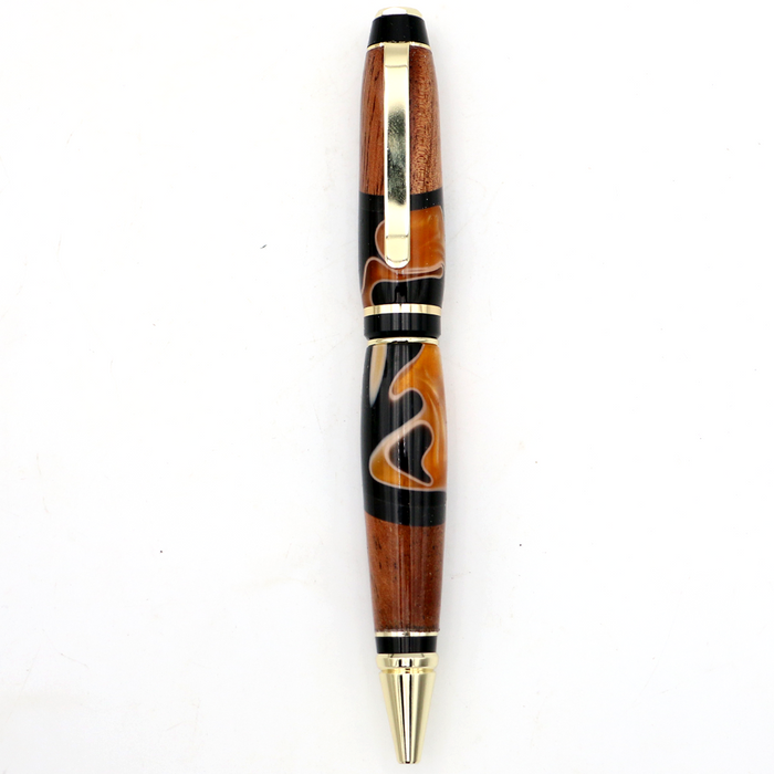 Hawaiian Koa and Black/Orange Resin Cigar Pen - Top View