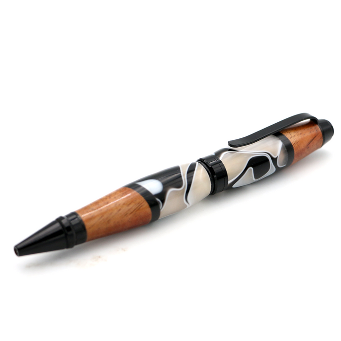 Hawaiian Koa and Black/White Resin Cigar Pen - Angled View