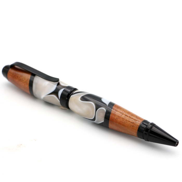 Hawaiian Koa and Black/White Resin Cigar Pen - Side View