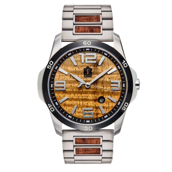 Hawaiian Koa Wood Face Watch 42mm - New Surfrider Chrome