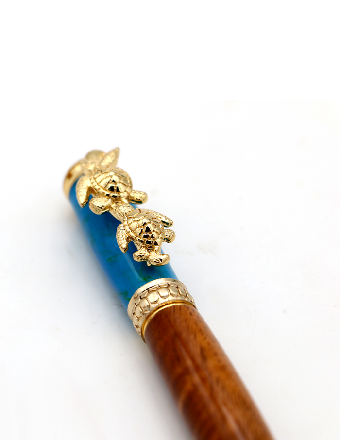 Hawaiian Koa Wood Honu Pen - 24kt Gold - Close-Up