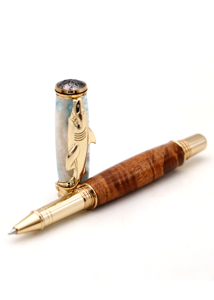 Hawaiian Koa Wood Shark Pen - 24kt Gold