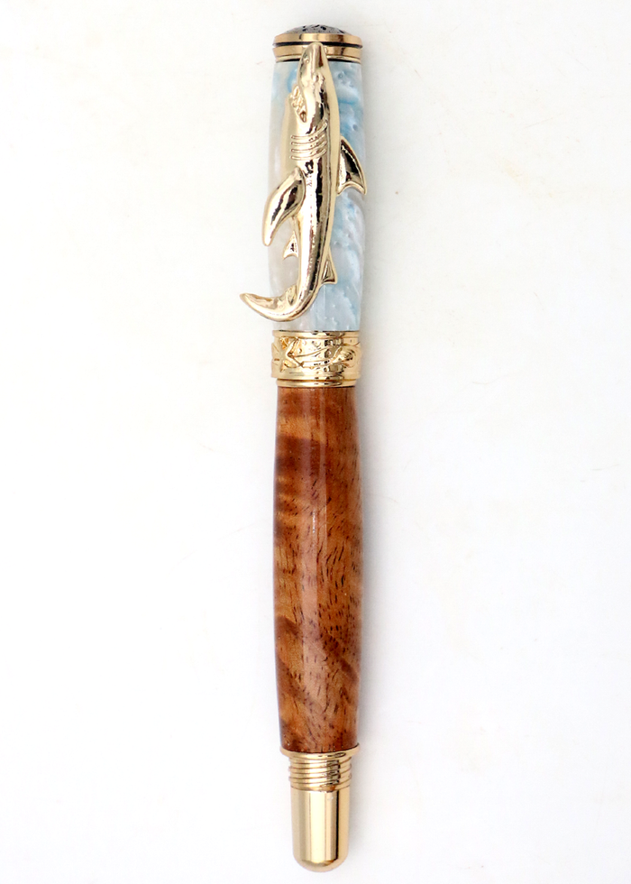 Hawaiian Koa Wood Shark Pen - 24kt Gold