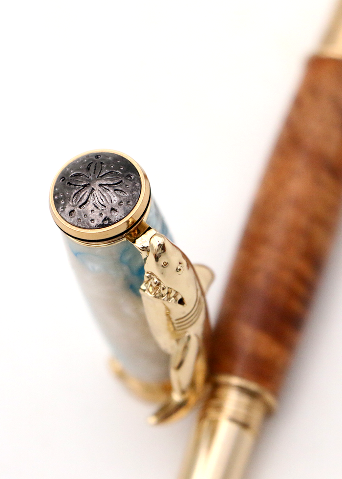 Hawaiian Koa Wood Shark Pen - 24kt Gold