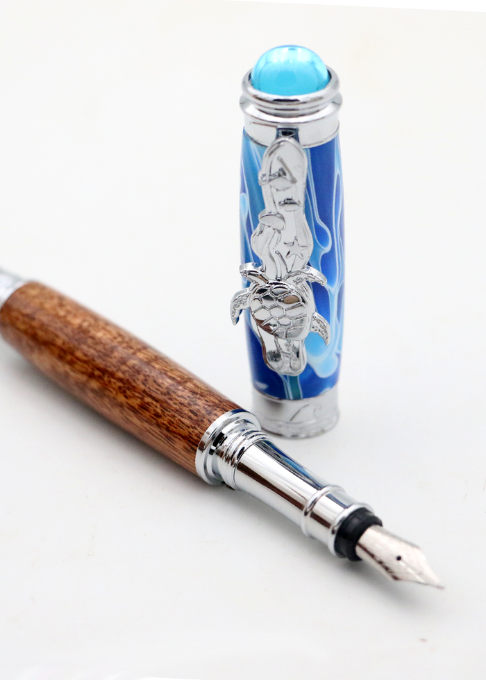 Hawaiian Koa Wood Underwater Honu Fountain Pen - Chrome