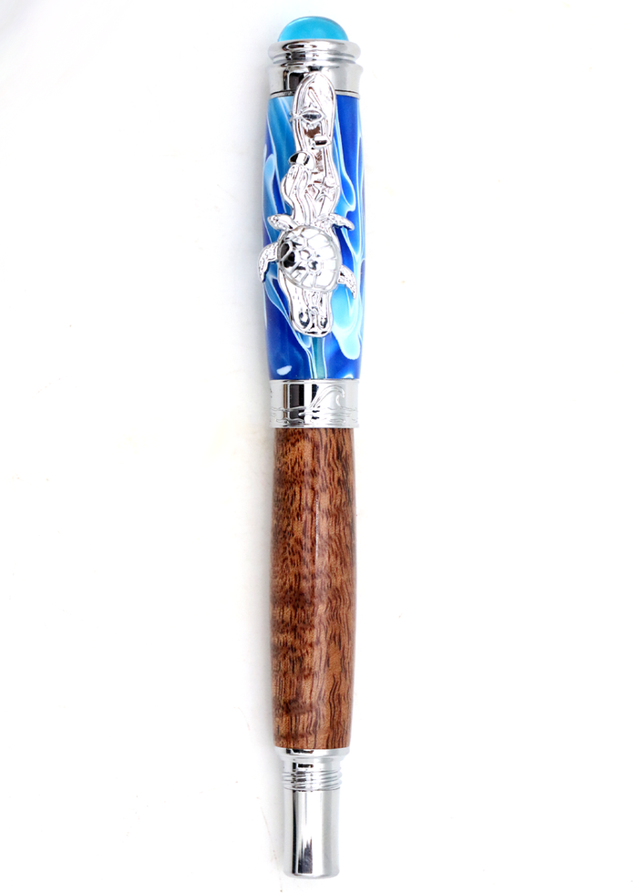 Hawaiian Koa Wood Underwater Honu Fountain Pen - Chrome
