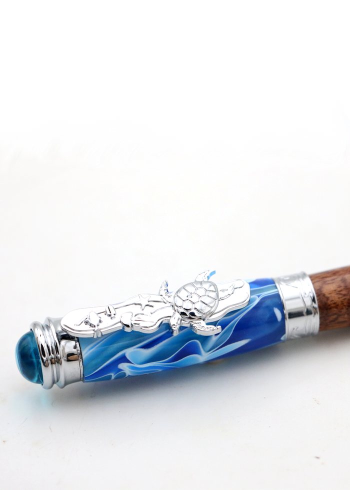 Hawaiian Koa Wood Underwater Honu Fountain Pen - Chrome