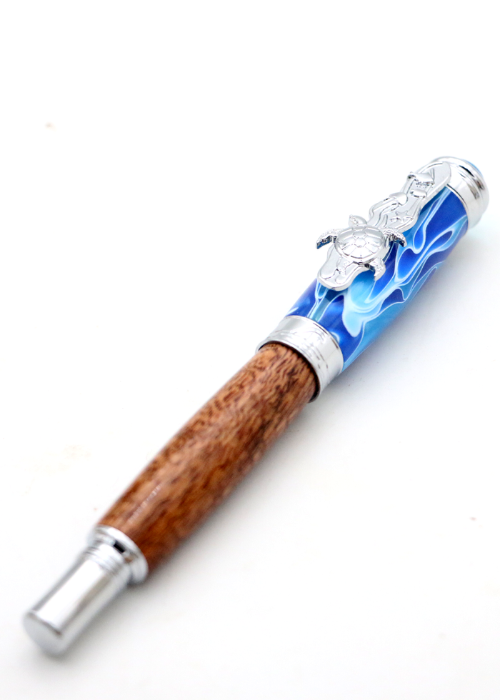 Hawaiian Koa Wood Underwater Honu Fountain Pen - Chrome