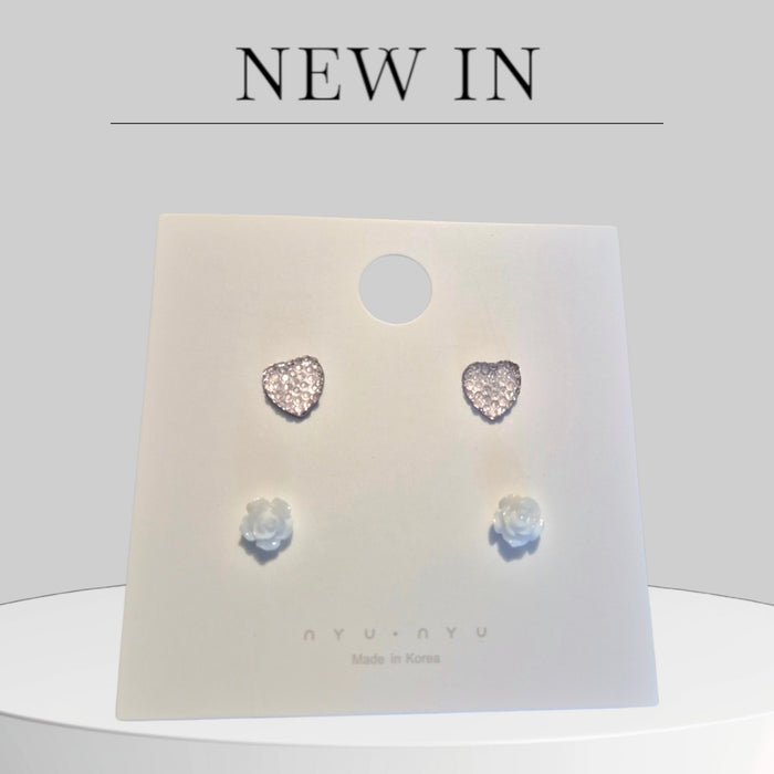 Heart and white rose stud earrings