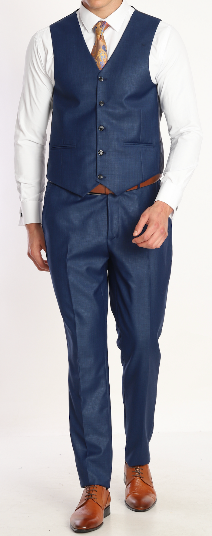 Men's navy plain three piece suit with waistcoat, and trousers.