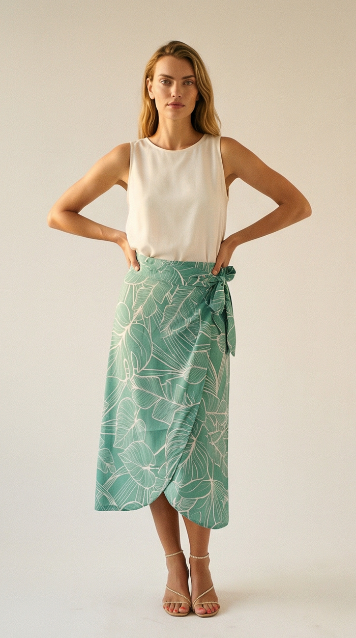 Island Wrap Skirt - Tropical Foliage Teal - Angled View 1