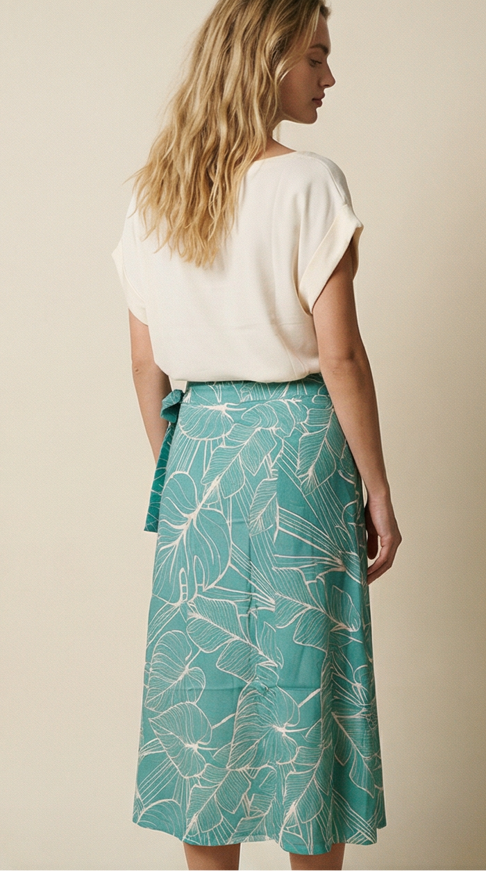 Island Wrap Skirt - Tropical Foliage Teal - Angled View 2