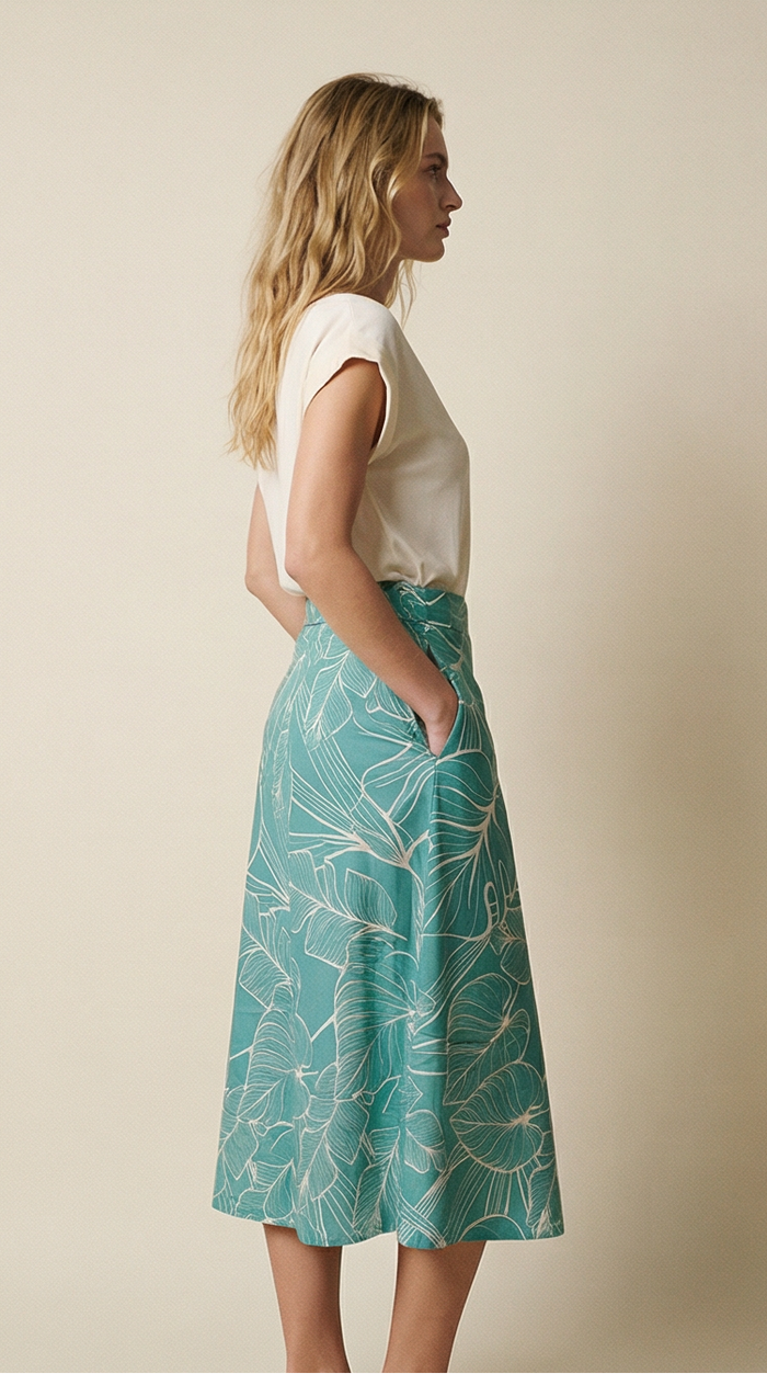 Island Wrap Skirt - Tropical Foliage Teal - Angled View 3