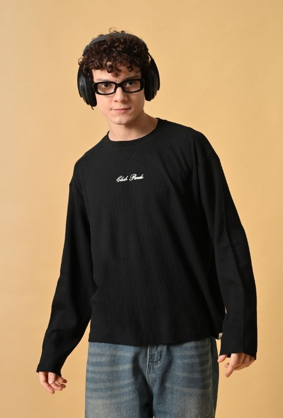 Jet Black Waffle Knit Oversized Boxy T-Shirt for Men | Raw Edge Streetwear Full Sleeve Tee