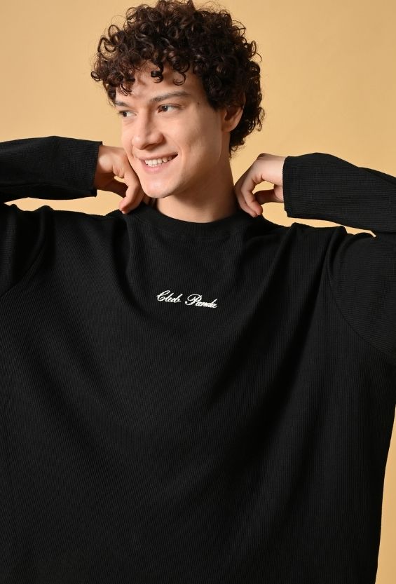 Jet Black Waffle Knit Oversized Boxy T-Shirt for Men | Raw Edge Streetwear Full Sleeve Tee