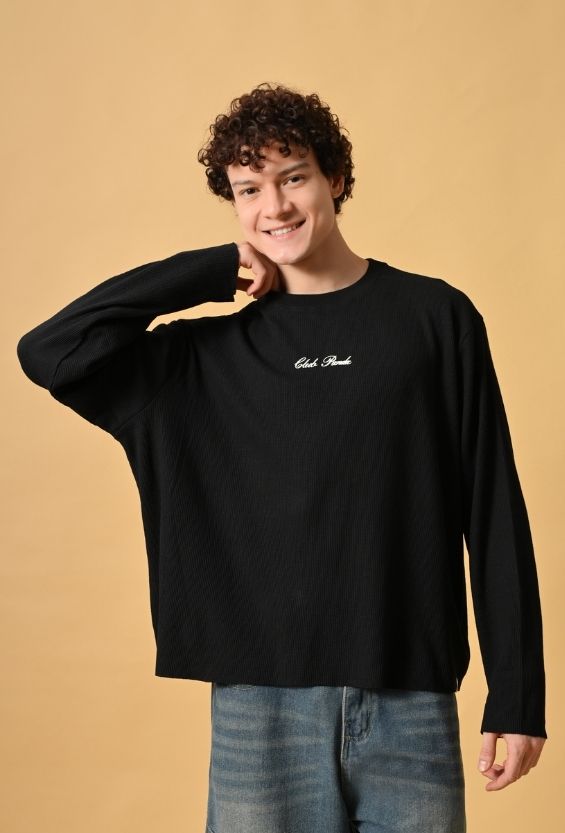 Jet Black Waffle Knit Oversized Boxy T-Shirt for Men | Raw Edge Streetwear Full Sleeve Tee