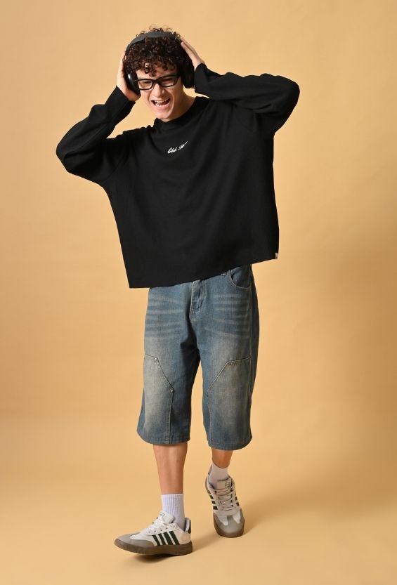 Jet Black Waffle Knit Oversized Boxy T-Shirt for Men | Raw Edge Streetwear Full Sleeve Tee
