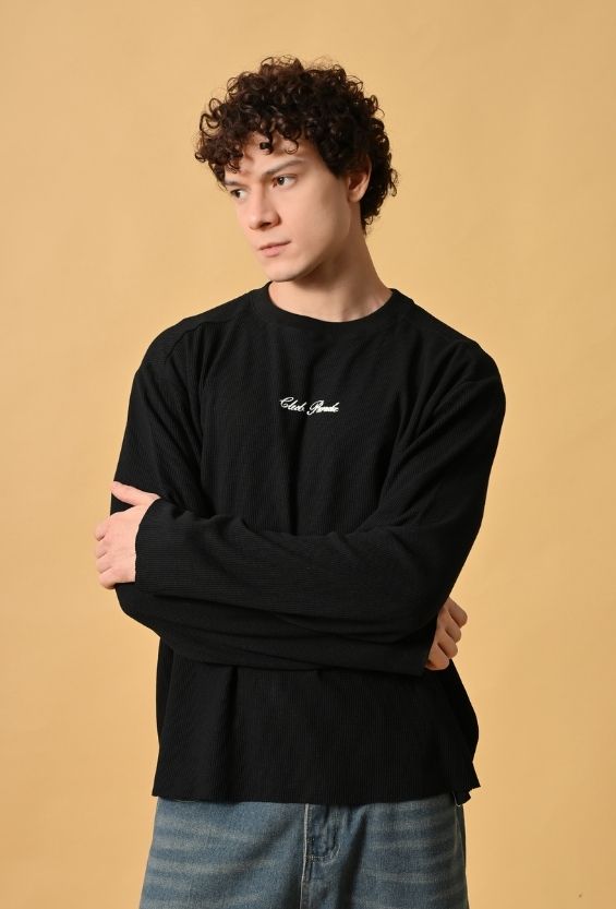 Jet Black Waffle Knit Oversized Boxy T-Shirt for Men | Raw Edge Streetwear Full Sleeve Tee