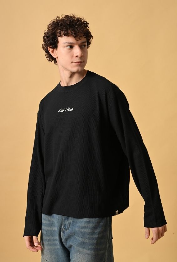 Jet Black Waffle Knit Oversized Boxy T-Shirt for Men | Raw Edge Streetwear Full Sleeve Tee
