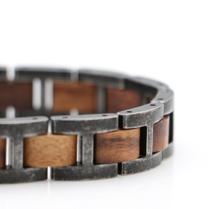 Koa and Stainless Steel Bracelet  - Antique Steel - Close-Up