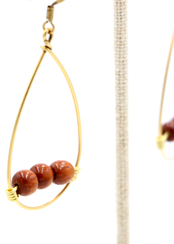 Koa Wood 3 Bead with Wire Hoop Earrings - Close-Up