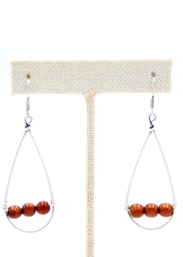 Koa Wood 3 Bead with Wire Hoop Earrings