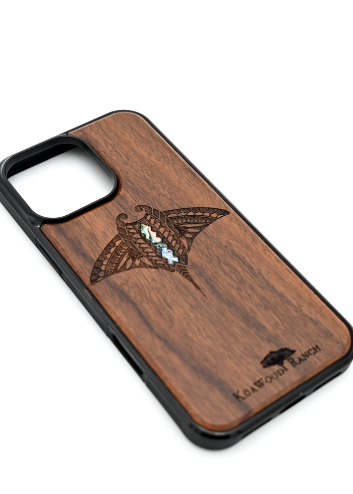Koa Wood and Abalone Phone Case - Manta Ray