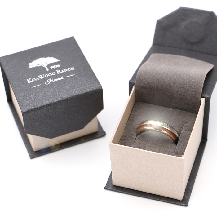 Koa Wood and Abalone Rose Gold Tungsten Ring Rounded 6mm