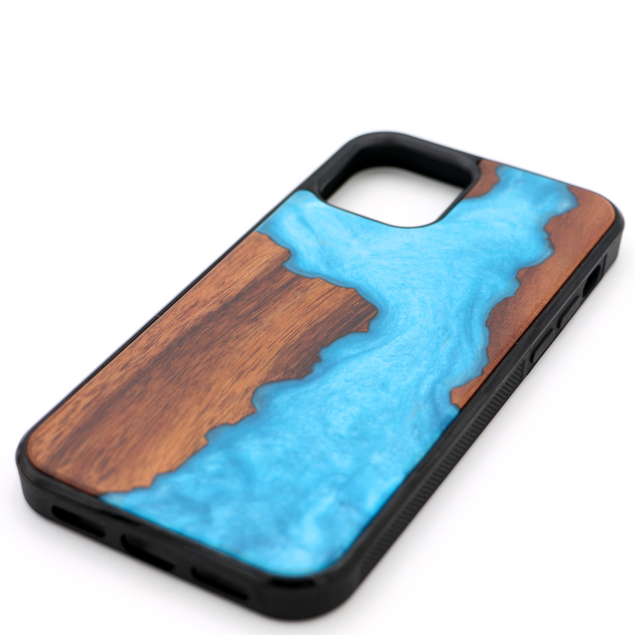Koa Wood and Aqua Resin Phone Case - Angled View
