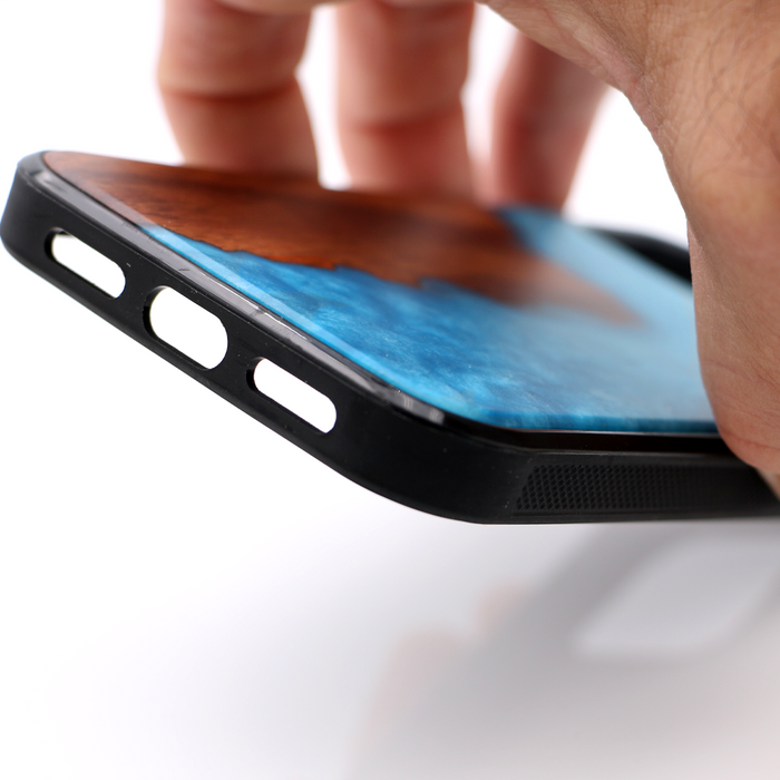 Koa Wood and Aqua Resin Phone Case - Bottom View