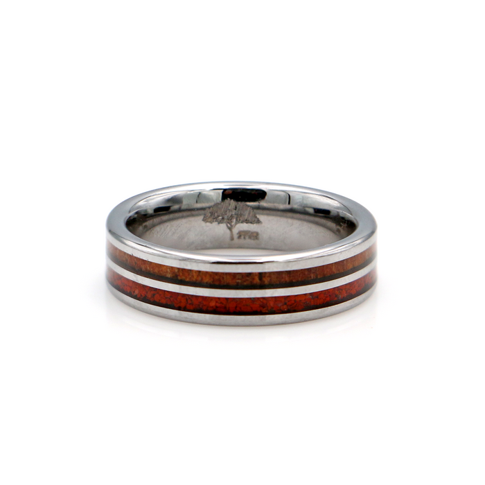 Koa Wood and Crushed Red Coral Tungsten Ring 6mm
