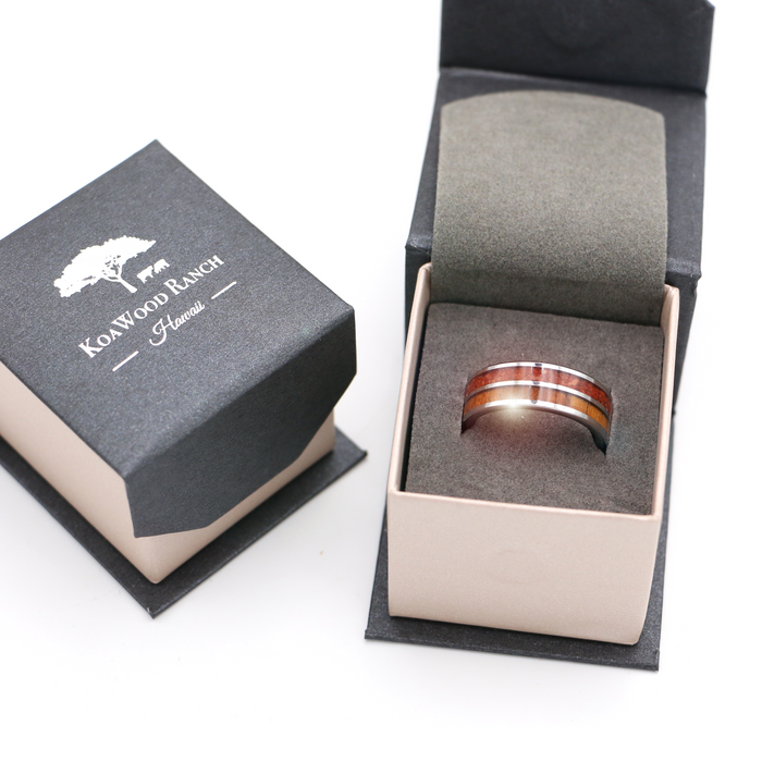 Koa Wood and Crushed Red Coral Tungsten Ring 8mm