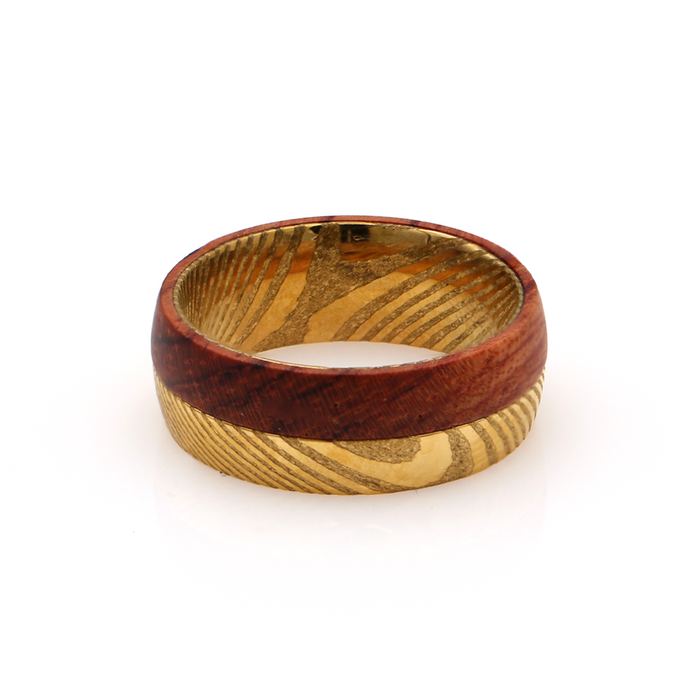 Koa Wood and Gold Damascus Steel Duet Ring 8mm - Side View