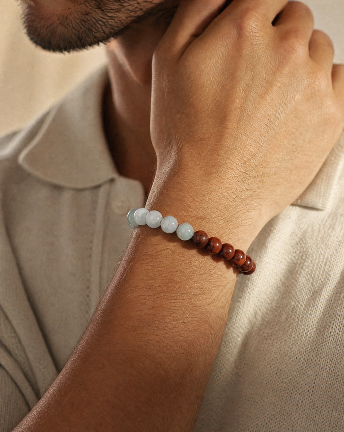 Koa Wood and Jade Beaded Bracelet - Close-Up