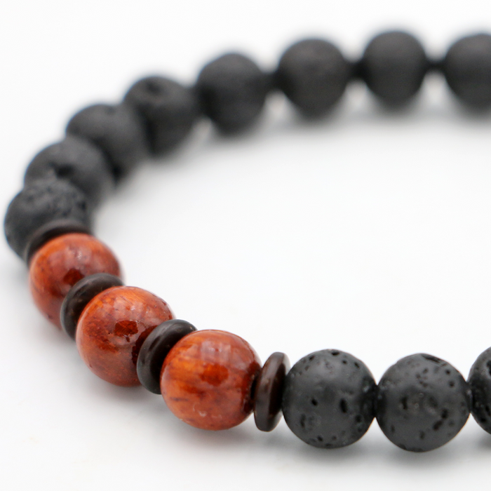 Koa Wood and Lava Beads Bracelet - Close-Up 1
