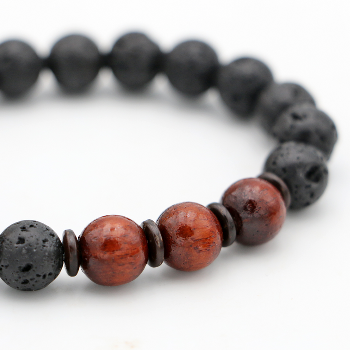 Koa Wood and Lava Beads Bracelet - Close-Up 2