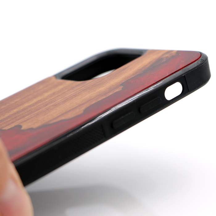 Koa Wood and Red Resin Phone Case - Side View