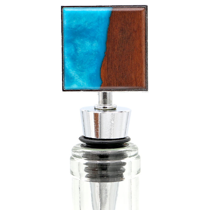 Koa Wood and Resin Square Bottle Stopper - Aqua - Top View 1