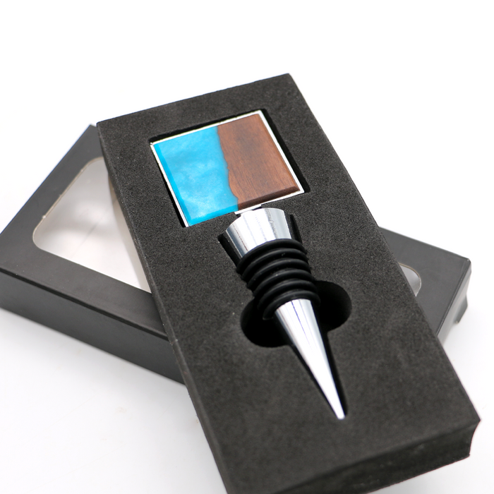 Koa Wood and Resin Square Bottle Stopper - Aqua - Top View 2
