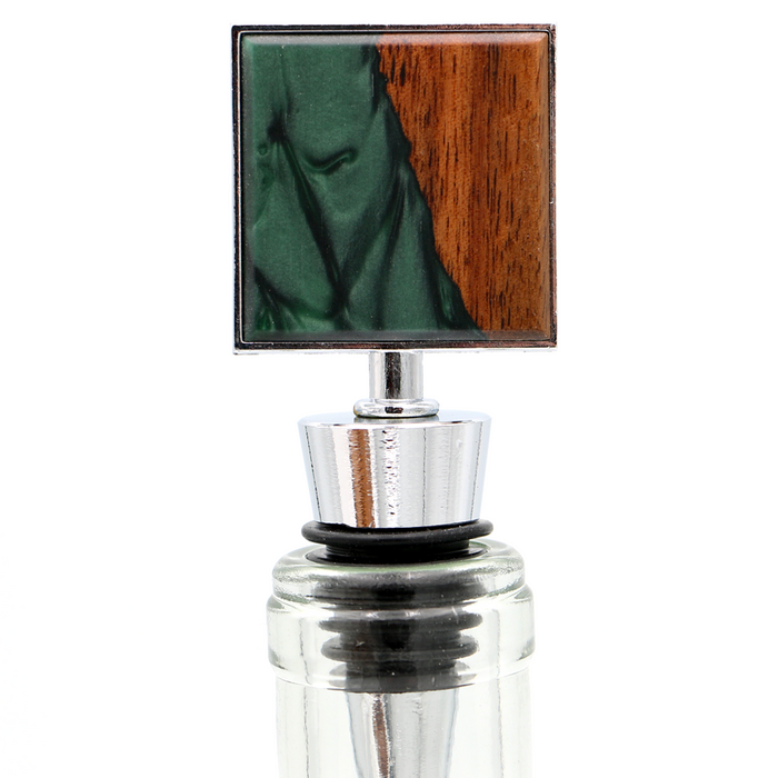 Koa Wood and Resin Square Bottle Stopper - Forest Green - Top View