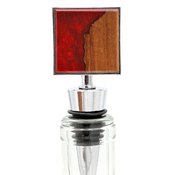 Koa Wood and Resin Square Bottle Stopper - Red - Top View 1
