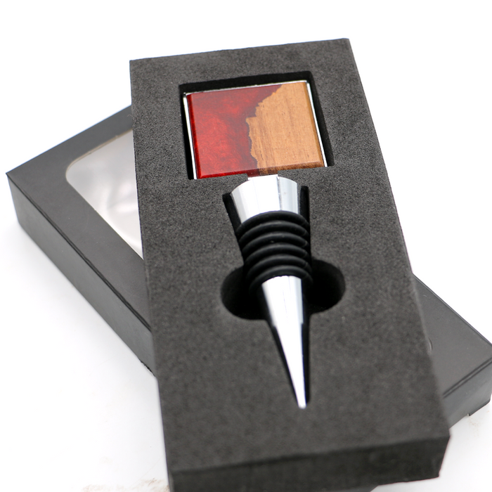 Koa Wood and Resin Square Bottle Stopper - Red - Top View 2