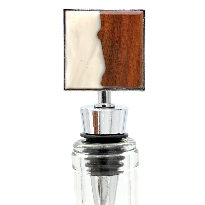 Koa Wood and Resin Square Bottle Stopper - White - Top View 1
