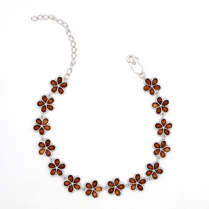 Koa Wood and Silver Plumeria Bracelet - Top View